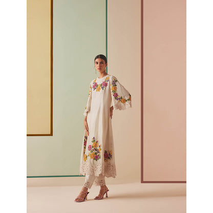 CHANDRIMA Ivory Chanderi Floral Bead Work Kurta with Pant (Set of 2)