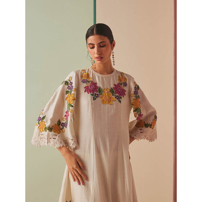 CHANDRIMA Ivory Chanderi Floral Bead Work Kurta with Pant (Set of 2)