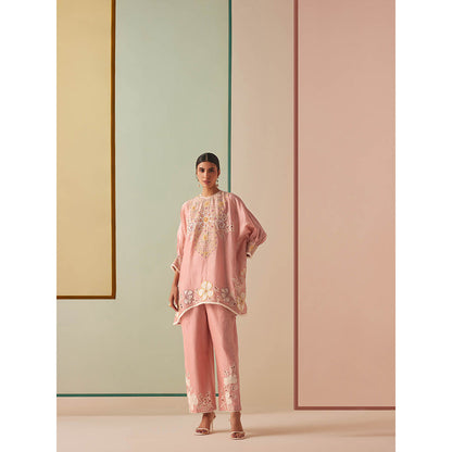 CHANDRIMA Pink Chanderi Floral Balloon Sleeve Round Neck Bead Work Kurta with Pant (Set of 2)