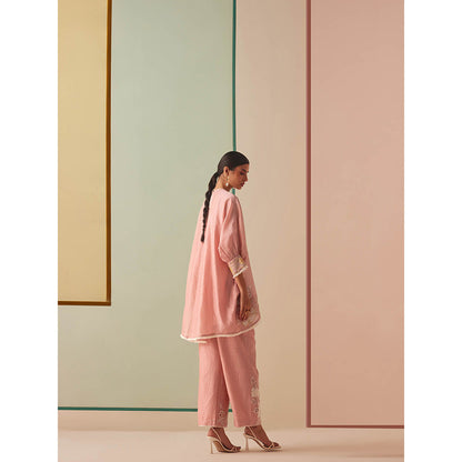 CHANDRIMA Pink Chanderi Floral Balloon Sleeve Round Neck Bead Work Kurta with Pant (Set of 2)