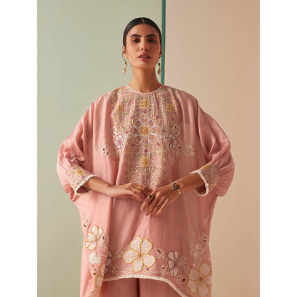 CHANDRIMA Pink Chanderi Floral Balloon Sleeve Round Neck Bead Work Kurta with Pant (Set of 2)