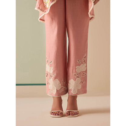 CHANDRIMA Pink Chanderi Floral Balloon Sleeve Round Neck Bead Work Kurta with Pant (Set of 2)