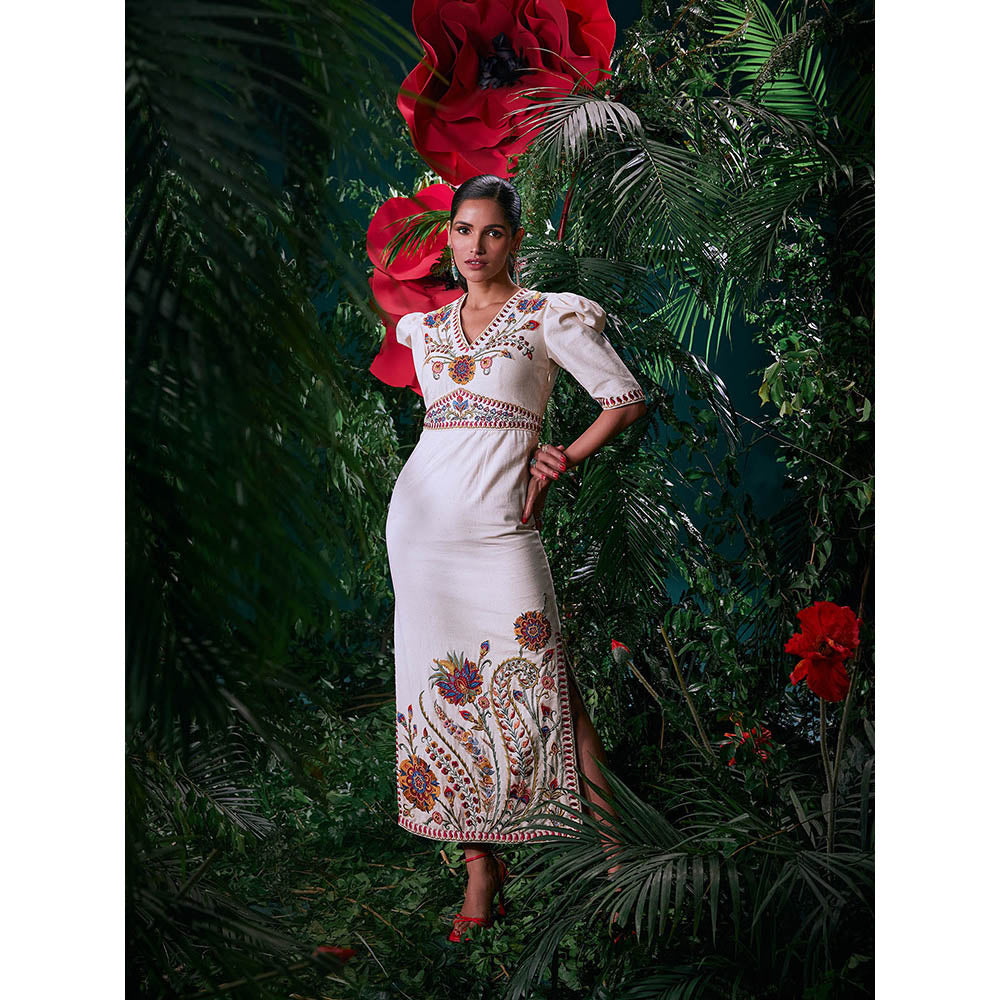 CHANDRIMA Ivory Cotton Floral Puff Sleeves V-Neck Bead Work Maxi Dress