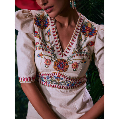 CHANDRIMA Ivory Cotton Floral Puff Sleeves V-Neck Bead Work Maxi Dress