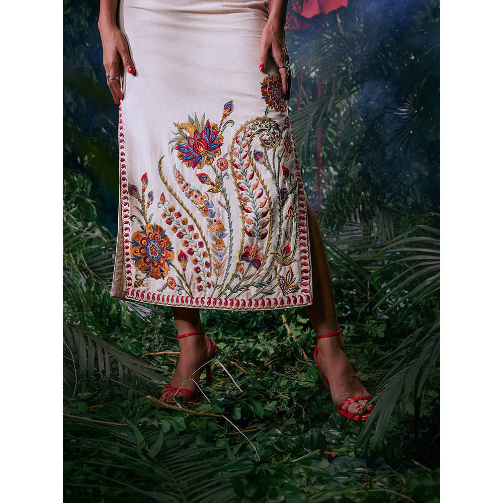 CHANDRIMA Ivory Cotton Floral Puff Sleeves V-Neck Bead Work Maxi Dress