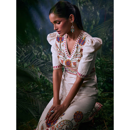 CHANDRIMA Ivory Cotton Floral Puff Sleeves V-Neck Bead Work Maxi Dress