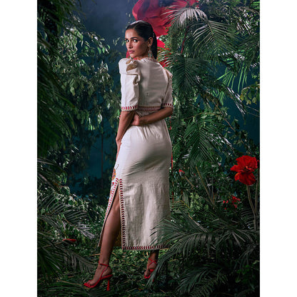 CHANDRIMA Ivory Cotton Floral Puff Sleeves V-Neck Bead Work Maxi Dress