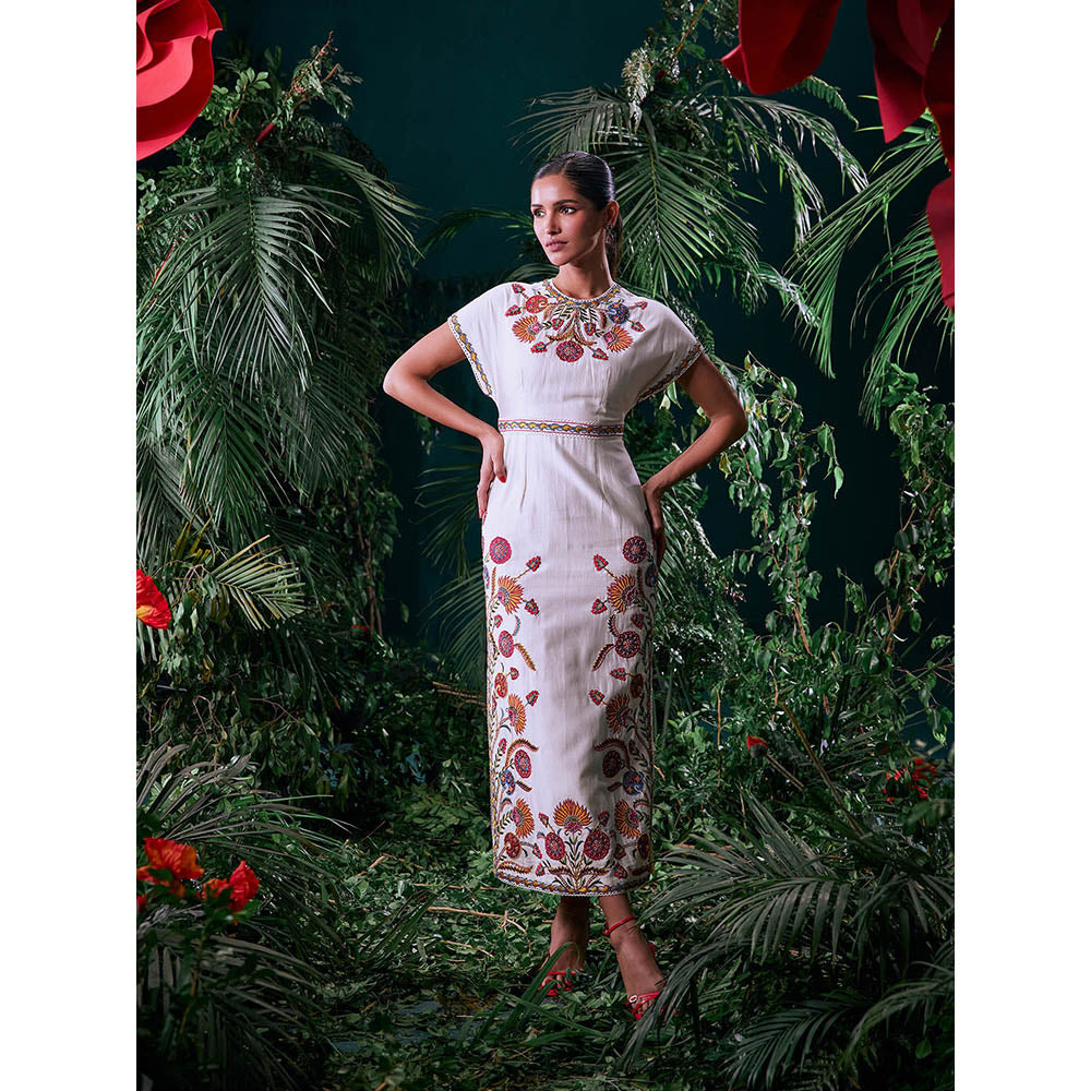 CHANDRIMA Ivory Chanderi Floral Half Sleeves Round Neck Bead Work Maxi Dress