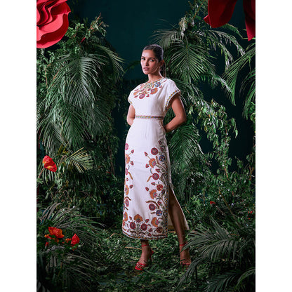 CHANDRIMA Ivory Chanderi Floral Half Sleeves Round Neck Bead Work Maxi Dress