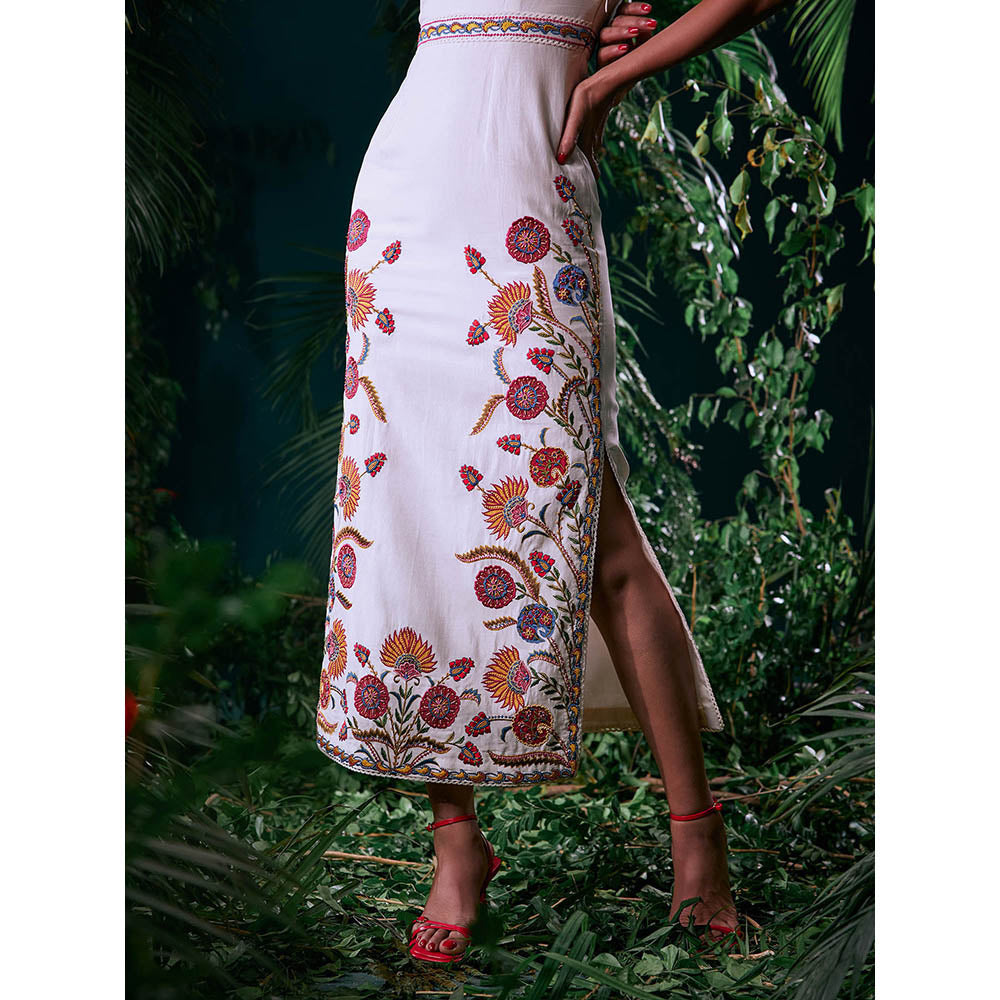 CHANDRIMA Ivory Chanderi Floral Half Sleeves Round Neck Bead Work Maxi Dress