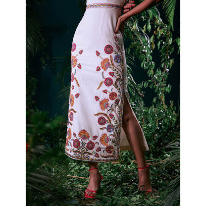 CHANDRIMA Ivory Chanderi Floral Half Sleeves Round Neck Bead Work Maxi Dress