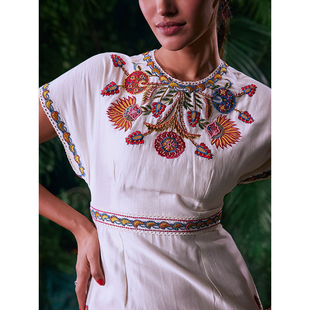 CHANDRIMA Ivory Chanderi Floral Half Sleeves Round Neck Bead Work Maxi Dress