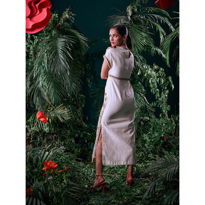 CHANDRIMA Ivory Chanderi Floral Half Sleeves Round Neck Bead Work Maxi Dress