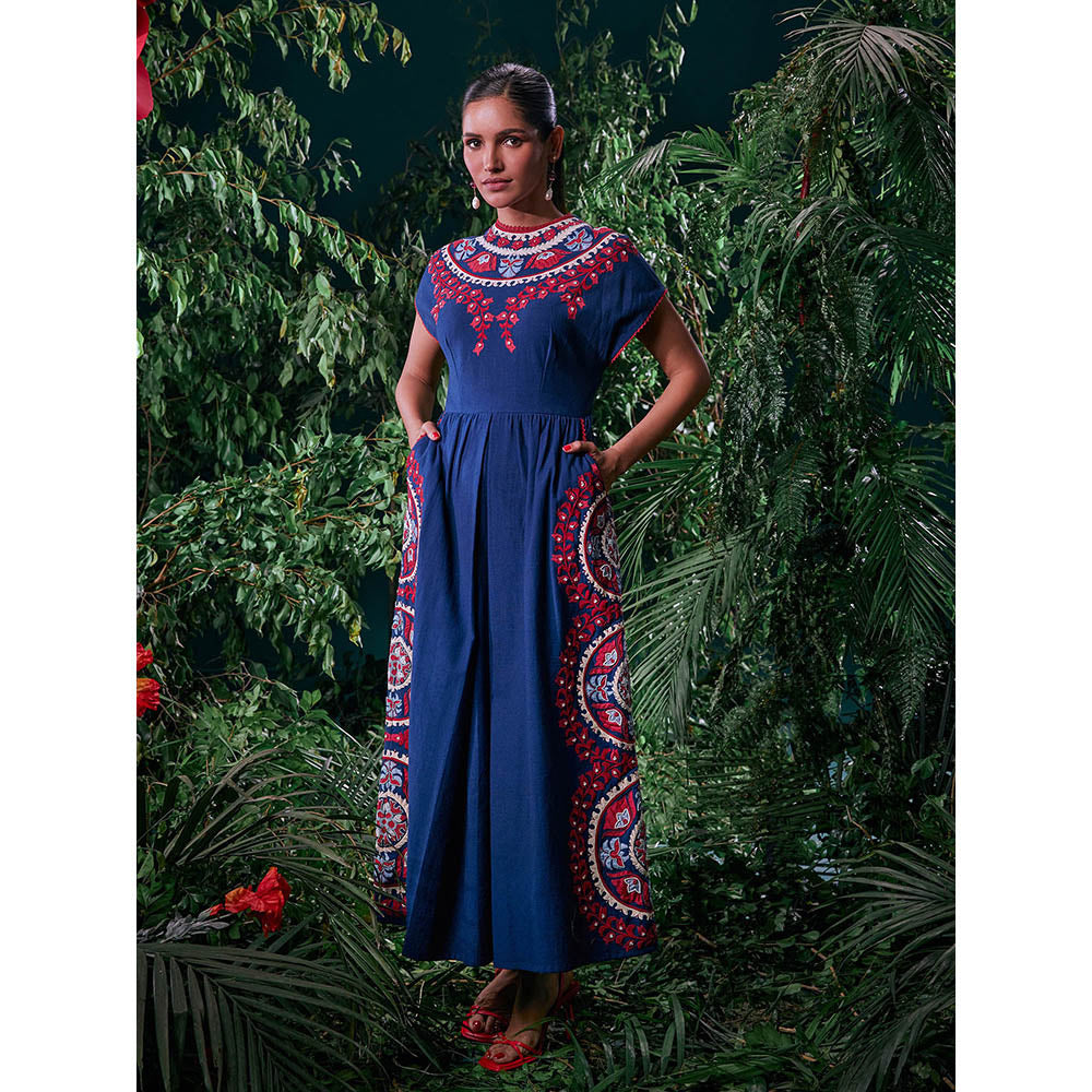 CHANDRIMA Navy Blue Cotton Floral Half Sleeves Round Neck Bead Work Maxi Dress