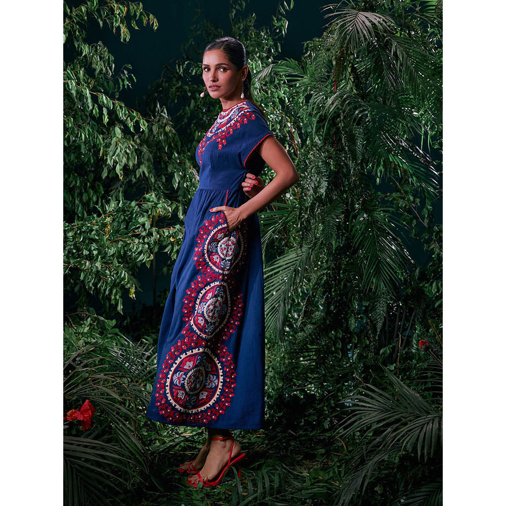 CHANDRIMA Navy Blue Cotton Floral Half Sleeves Round Neck Bead Work Maxi Dress
