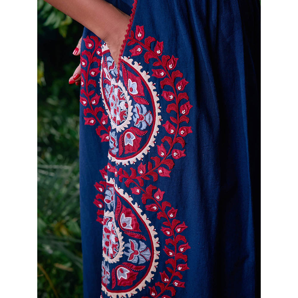 CHANDRIMA Navy Blue Cotton Floral Half Sleeves Round Neck Bead Work Maxi Dress