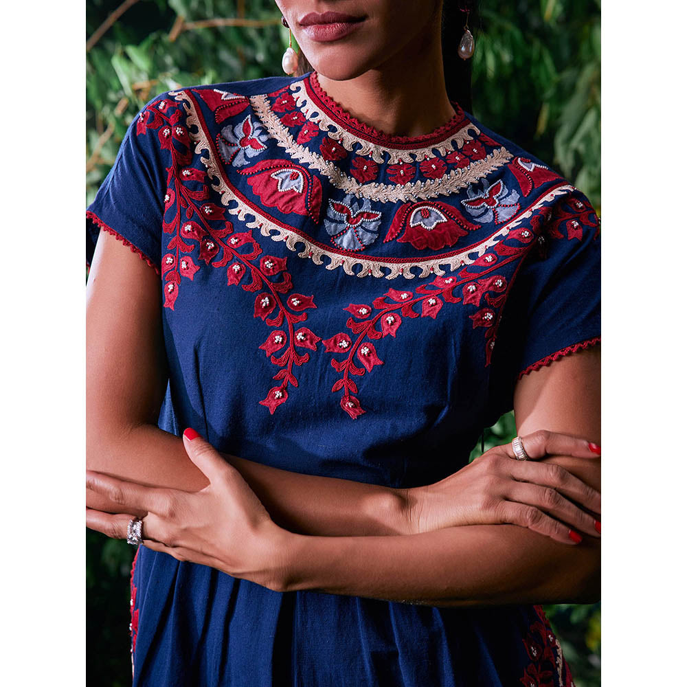 CHANDRIMA Navy Blue Cotton Floral Half Sleeves Round Neck Bead Work Maxi Dress