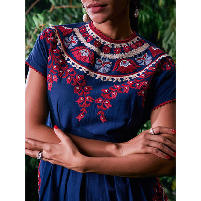 CHANDRIMA Navy Blue Cotton Floral Half Sleeves Round Neck Bead Work Maxi Dress