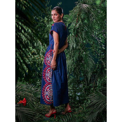 CHANDRIMA Navy Blue Cotton Floral Half Sleeves Round Neck Bead Work Maxi Dress