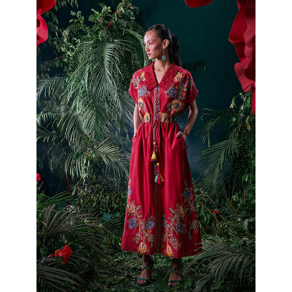 CHANDRIMA Red Chanderi Floral Flared Sleeves V-Neck Bead Work Maxi Dress