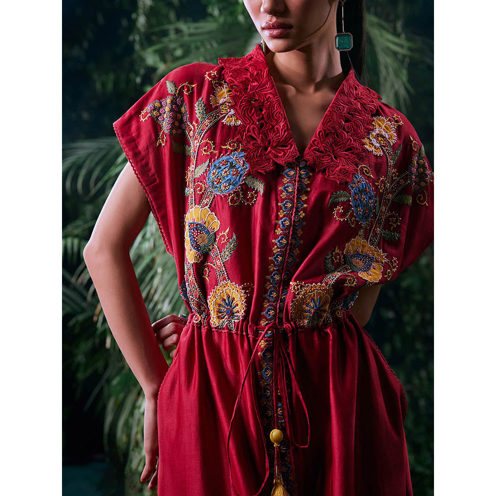 CHANDRIMA Red Chanderi Floral Flared Sleeves V-Neck Bead Work Maxi Dress