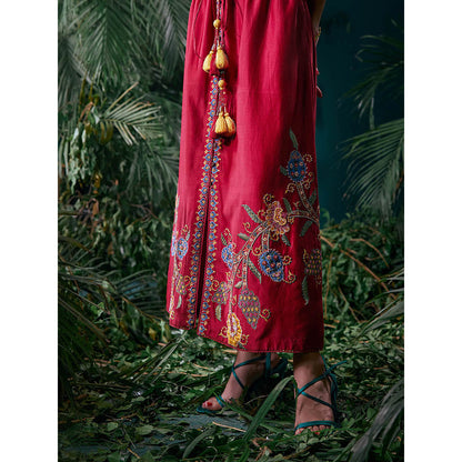 CHANDRIMA Red Chanderi Floral Flared Sleeves V-Neck Bead Work Maxi Dress