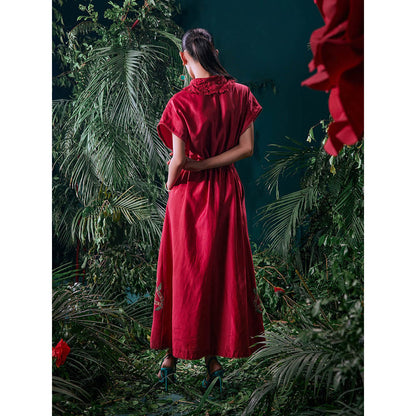 CHANDRIMA Red Chanderi Floral Flared Sleeves V-Neck Bead Work Maxi Dress