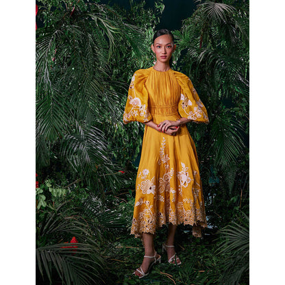 CHANDRIMA Mustard Chanderi Floral Balloon Sleeve Crew Neck Bead Work Maxi Dress