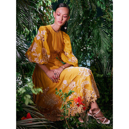 CHANDRIMA Mustard Chanderi Floral Balloon Sleeve Crew Neck Bead Work Maxi Dress