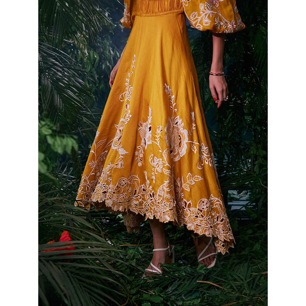 CHANDRIMA Mustard Chanderi Floral Balloon Sleeve Crew Neck Bead Work Maxi Dress
