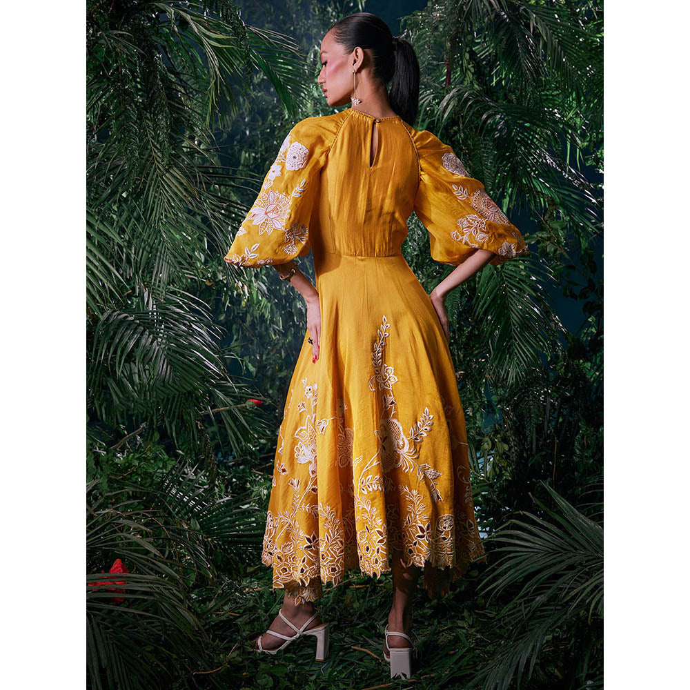 CHANDRIMA Mustard Chanderi Floral Balloon Sleeve Crew Neck Bead Work Maxi Dress