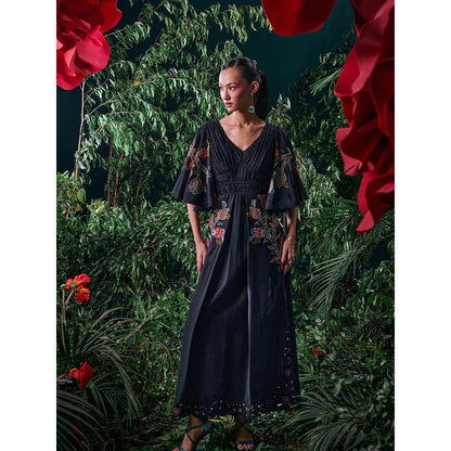 CHANDRIMA Black Chanderi Floral Flared Sleeves V-Neck Bead Work Maxi Dress