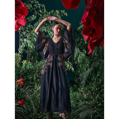 CHANDRIMA Black Chanderi Floral Flared Sleeves V-Neck Bead Work Maxi Dress