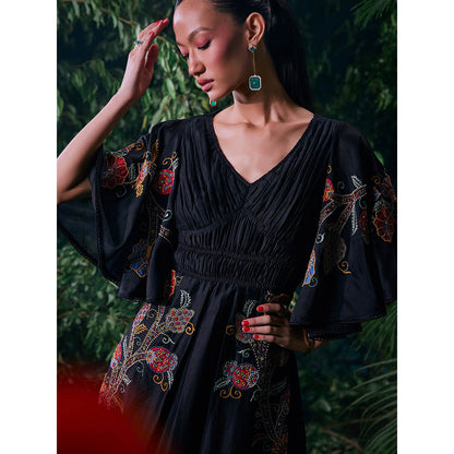 CHANDRIMA Black Chanderi Floral Flared Sleeves V-Neck Bead Work Maxi Dress