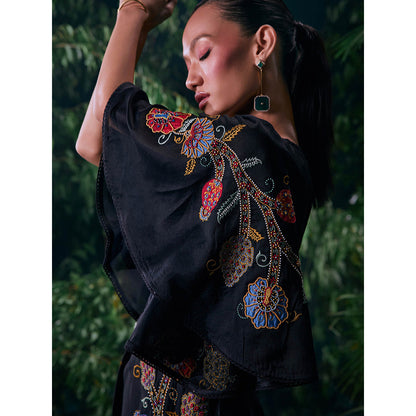 CHANDRIMA Black Chanderi Floral Flared Sleeves V-Neck Bead Work Maxi Dress