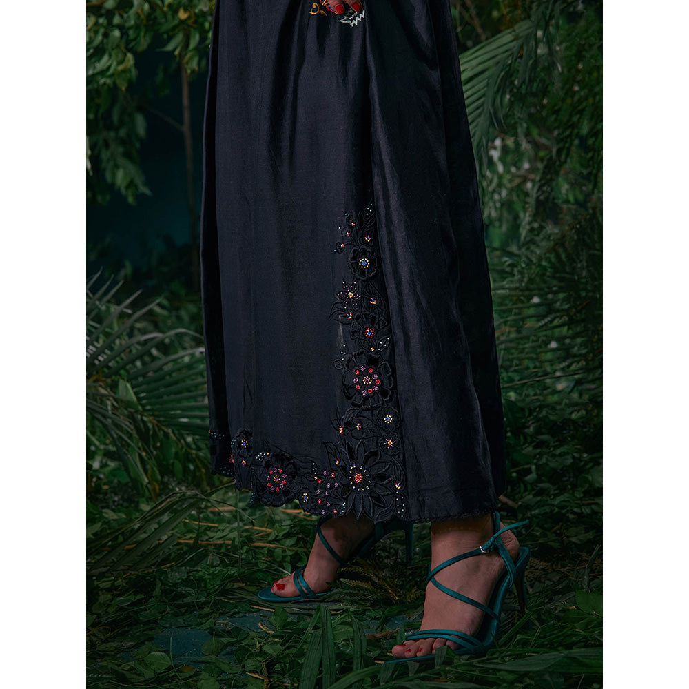 CHANDRIMA Black Chanderi Floral Flared Sleeves V-Neck Bead Work Maxi Dress