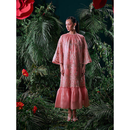 CHANDRIMA Pink Silk Floral Flared Sleeves Crew Neck Bead Work Maxi Dress