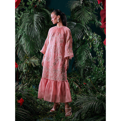 CHANDRIMA Pink Silk Floral Flared Sleeves Crew Neck Bead Work Maxi Dress