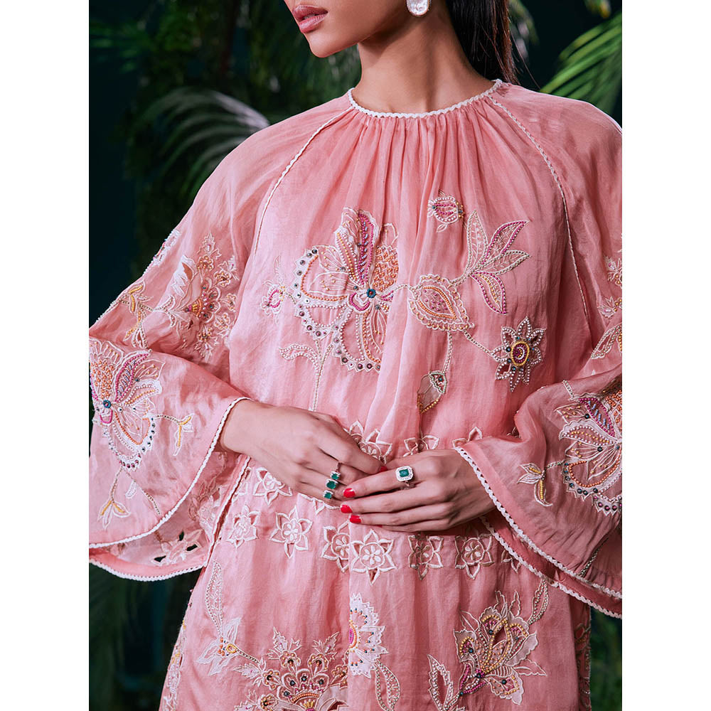 CHANDRIMA Pink Silk Floral Flared Sleeves Crew Neck Bead Work Maxi Dress