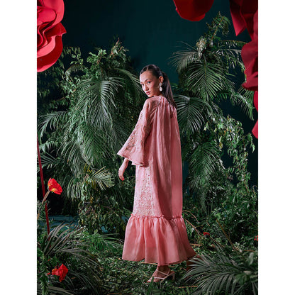 CHANDRIMA Pink Silk Floral Flared Sleeves Crew Neck Bead Work Maxi Dress