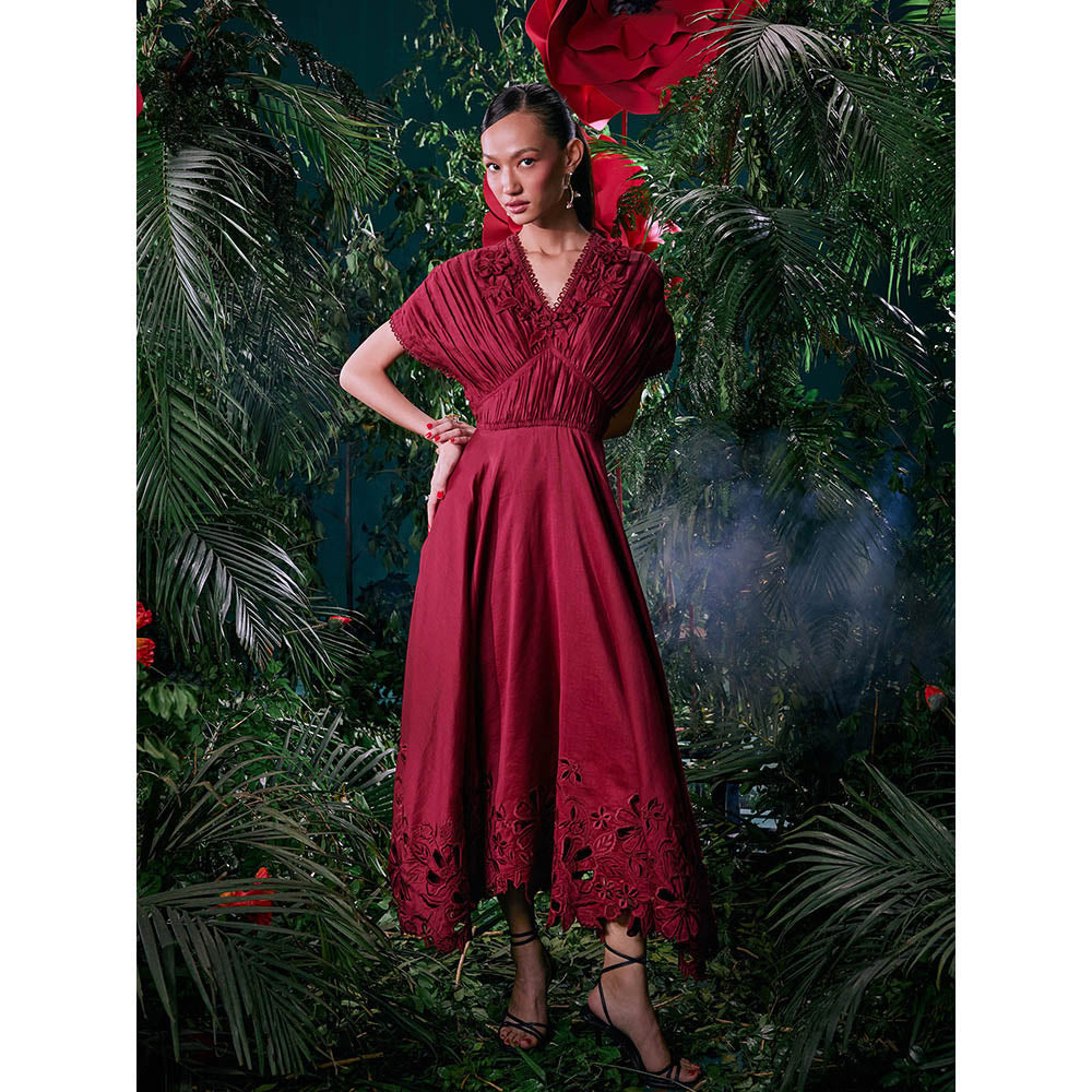 CHANDRIMA Wine Chanderi Floral Flared Sleeves V-Neck Embroidered Maxi Dress