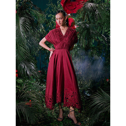 CHANDRIMA Wine Chanderi Floral Flared Sleeves V-Neck Embroidered Maxi Dress