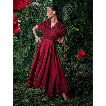 CHANDRIMA Wine Chanderi Floral Flared Sleeves V-Neck Embroidered Maxi Dress