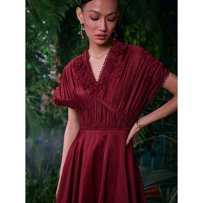 CHANDRIMA Wine Chanderi Floral Flared Sleeves V-Neck Embroidered Maxi Dress
