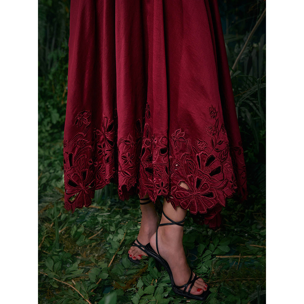 CHANDRIMA Wine Chanderi Floral Flared Sleeves V-Neck Embroidered Maxi Dress