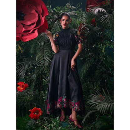 CHANDRIMA Black Chanderi Floral Half Sleeves Ruffled Neck Bead Work Maxi Dress