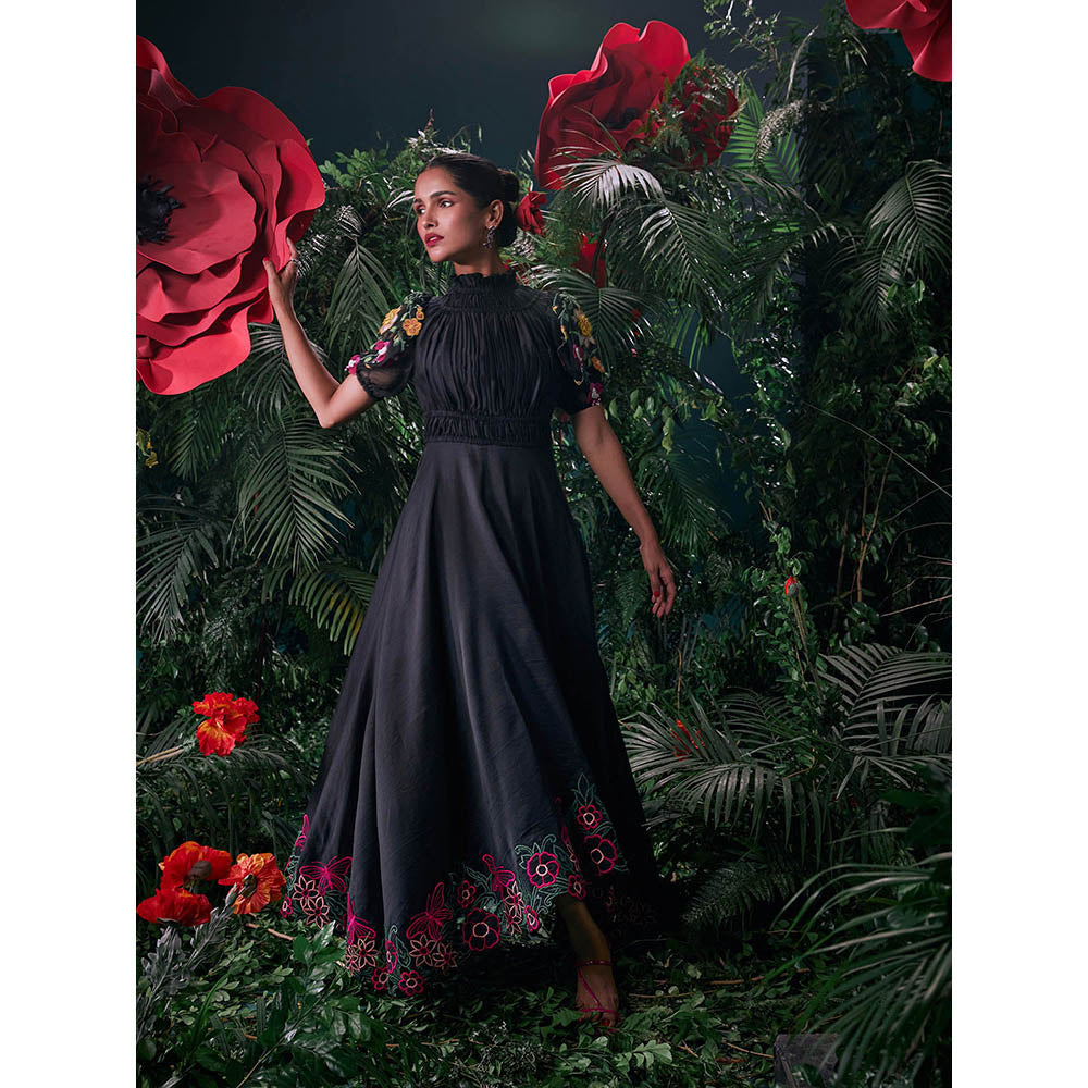 CHANDRIMA Black Chanderi Floral Half Sleeves Ruffled Neck Bead Work Maxi Dress