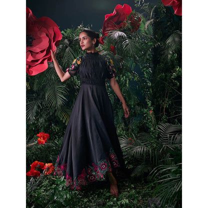 CHANDRIMA Black Chanderi Floral Half Sleeves Ruffled Neck Bead Work Maxi Dress