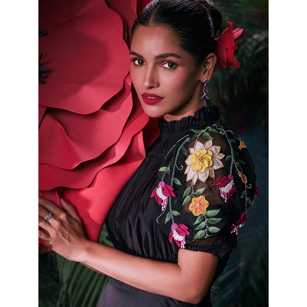 CHANDRIMA Black Chanderi Floral Half Sleeves Ruffled Neck Bead Work Maxi Dress