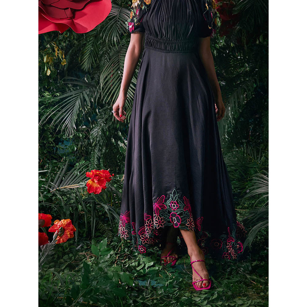 CHANDRIMA Black Chanderi Floral Half Sleeves Ruffled Neck Bead Work Maxi Dress